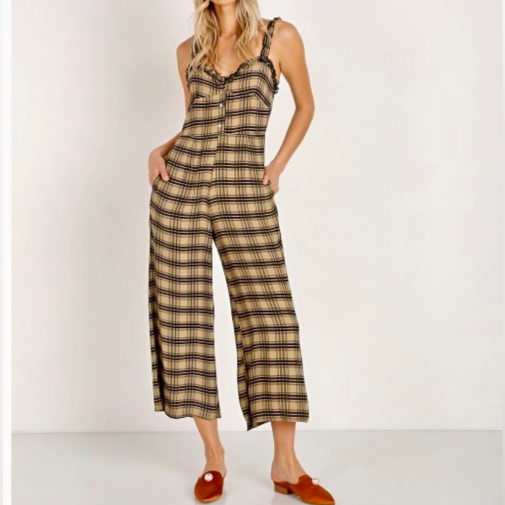Faithfull the Brand summer jumpsuit ruffle 6 M Med tan brown black plaid strap
